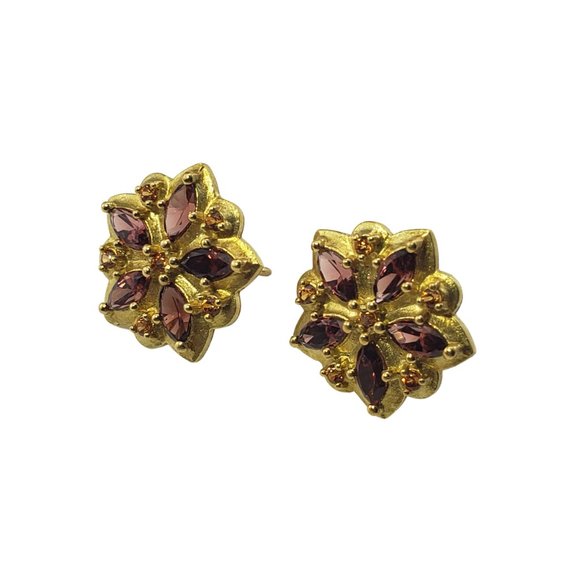Paul Morelli 18 Karat Yellow Gold Garnet Citrine Flower Earrings #11231 - Picture 3 of 8